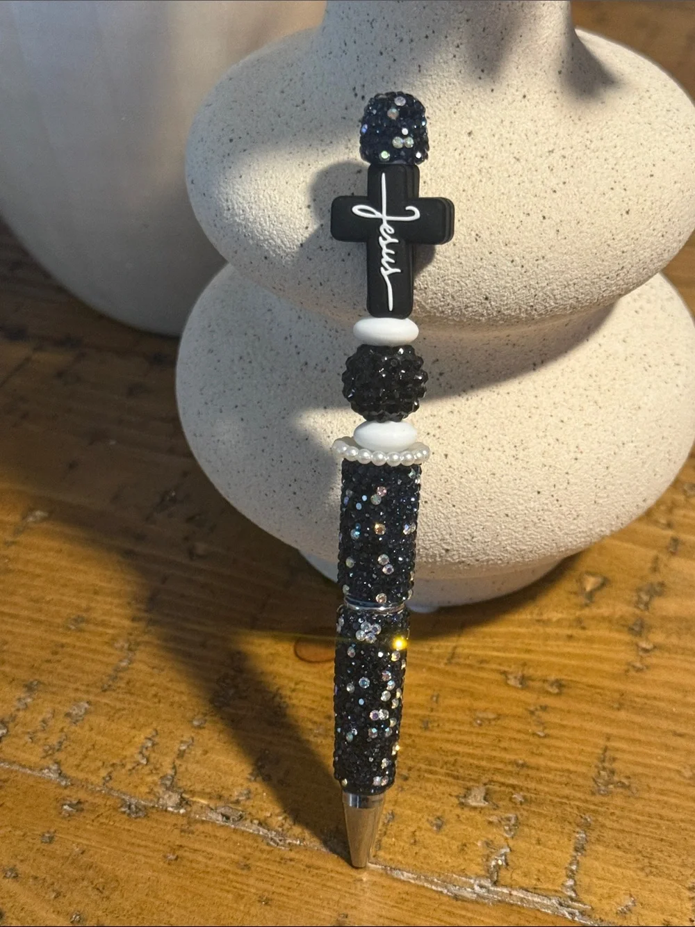 Black Beaded Cross Pen with Crystal Accent